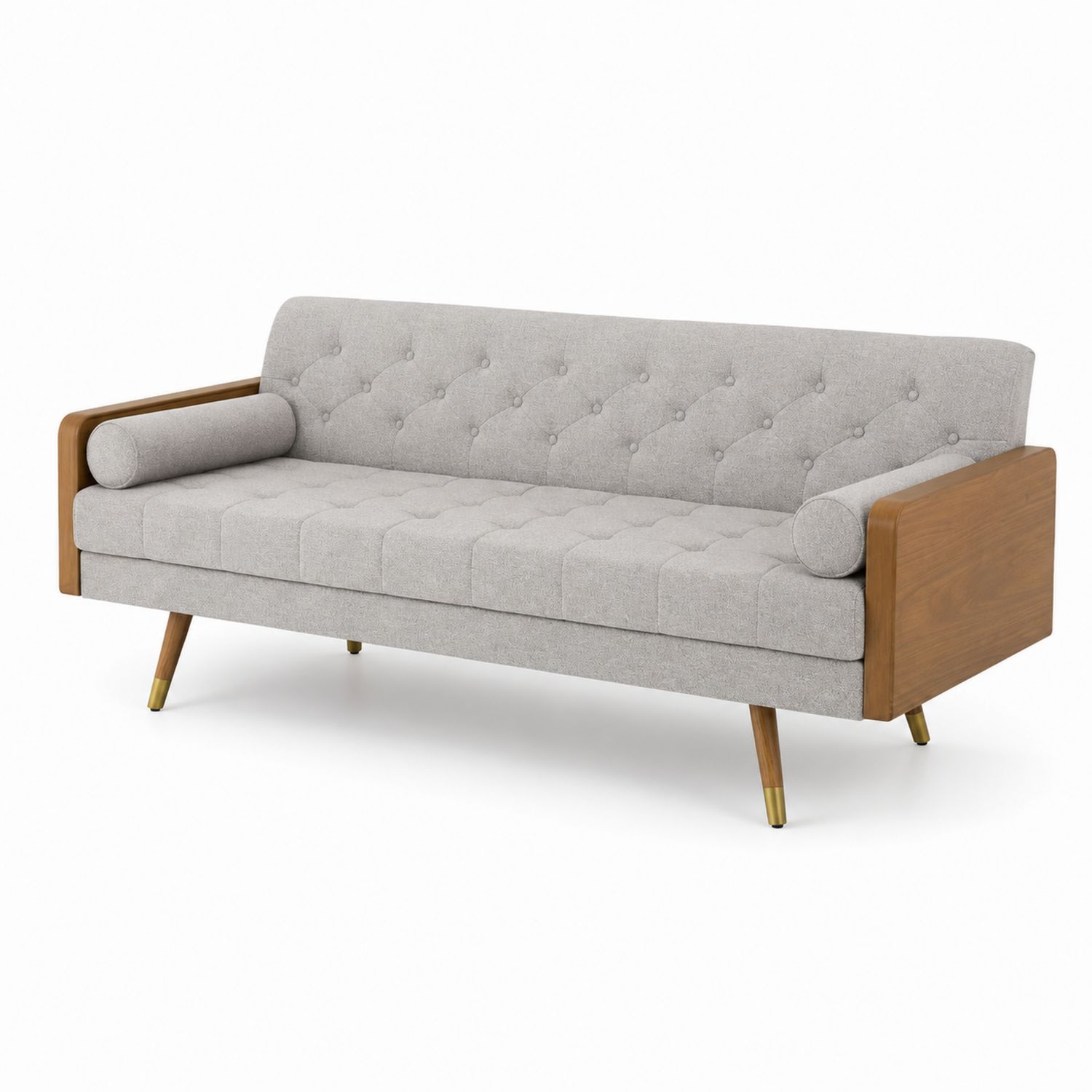 Szara sofa lniana z drewnianymi bokami