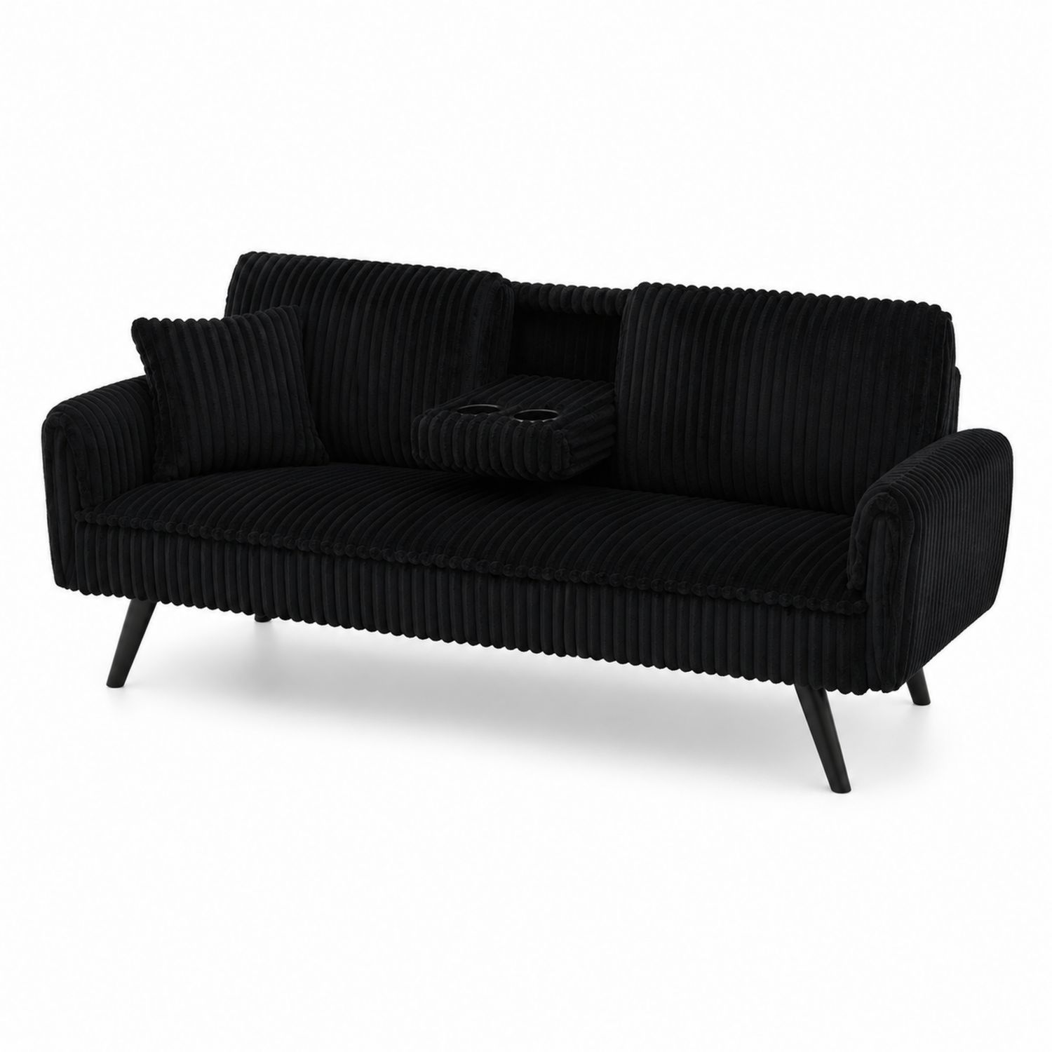 Sofa trzyosobowa welurowa czarna z uchwytem na kubek