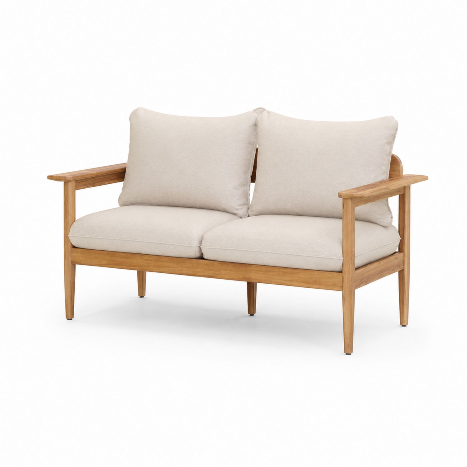 Dwuosobowa sofa drewniana z beżowymi poduszkami