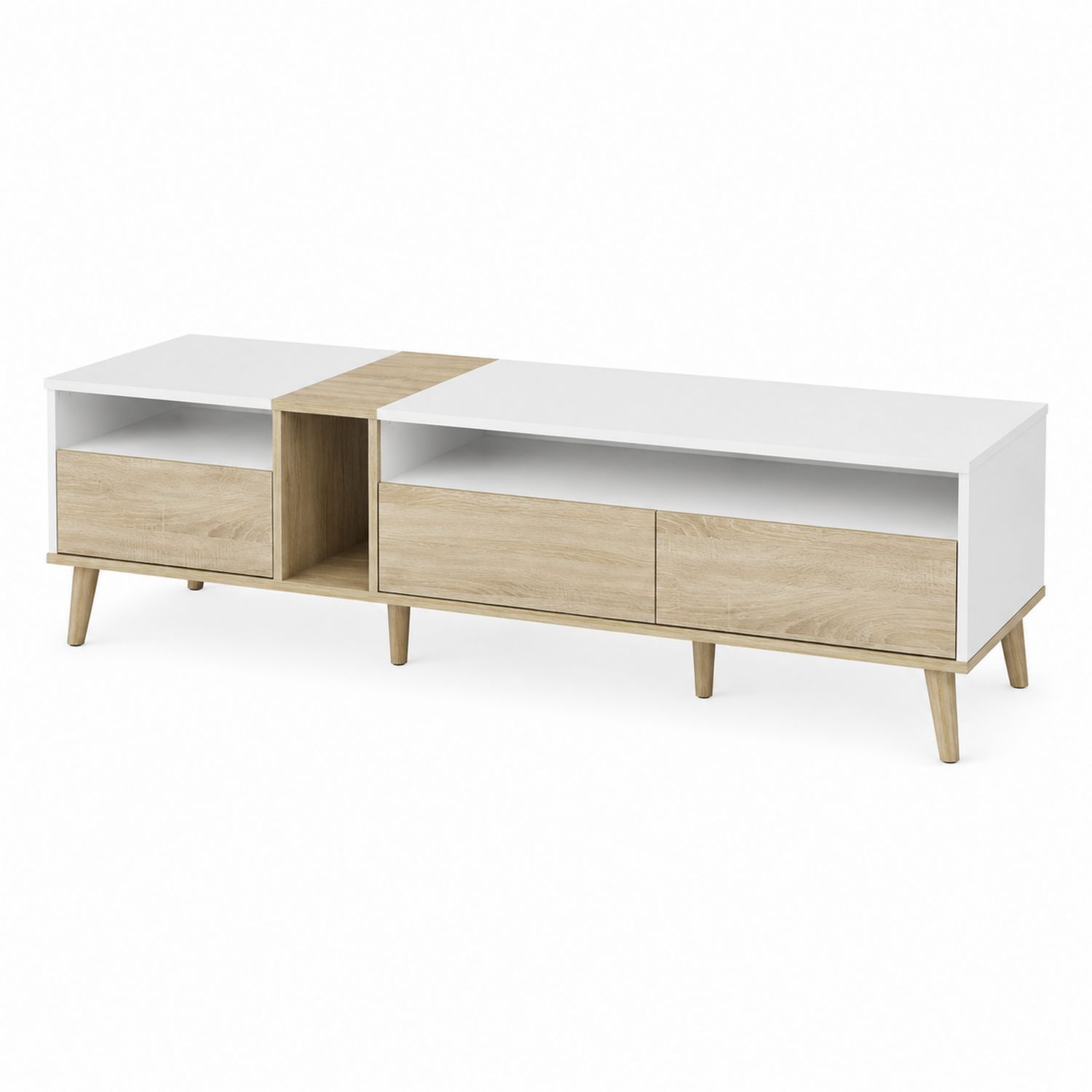 Szafka RTV z MDF i drewnem, biały i jasny dąb, 150cm x 40cm x 50cm