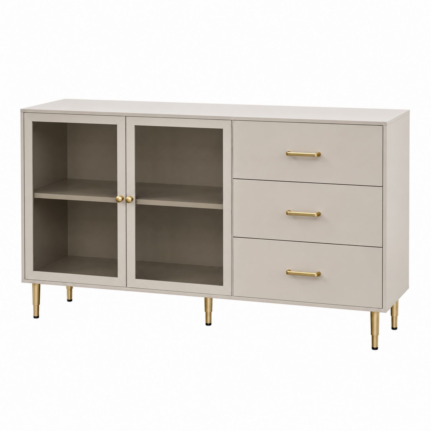 Kredens z szufladami i drzwiami szklanymi, MDF, szkło hartowane, metalowe nóżki, Szary, 120 cm