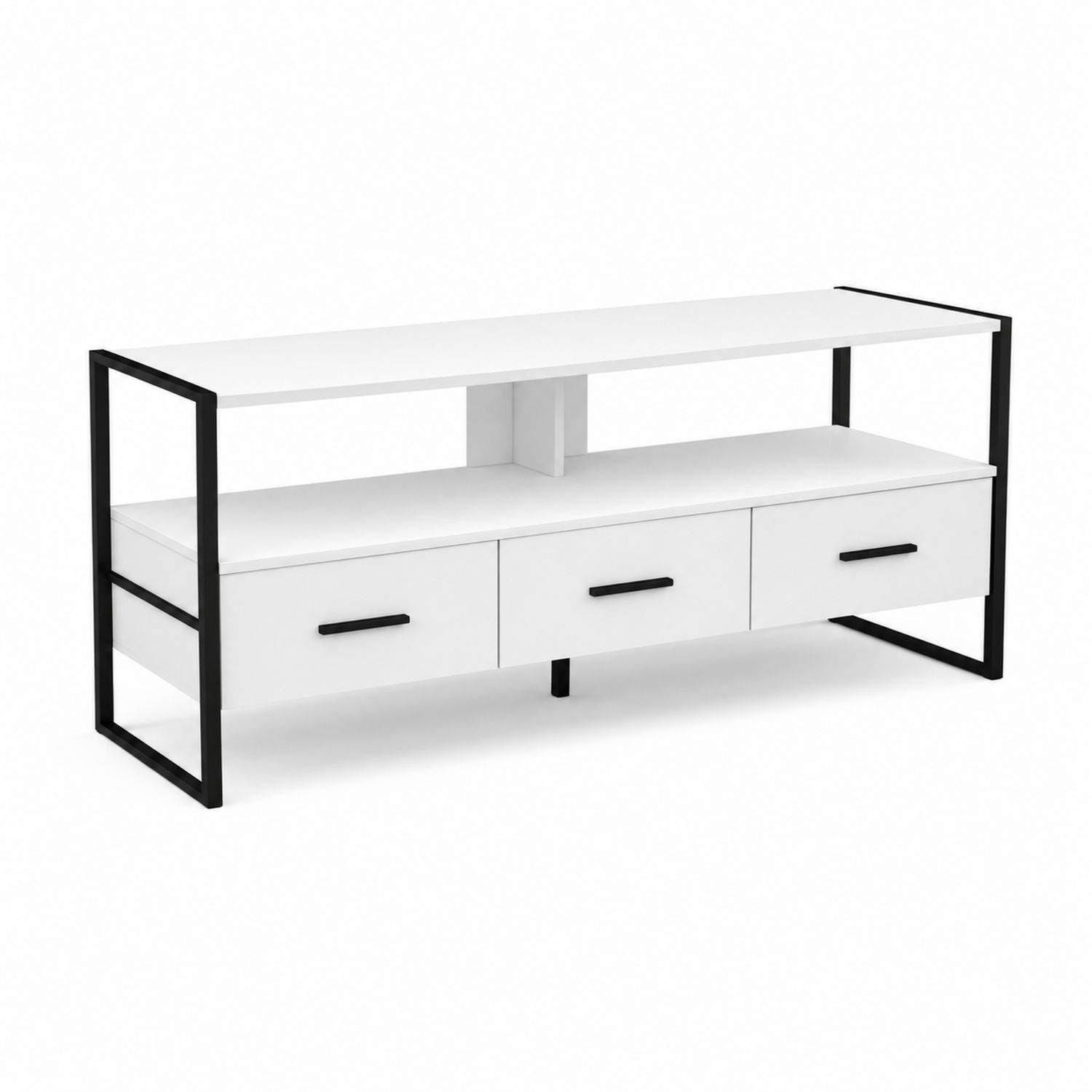 Szafka RTV z trzema szufladami, metalowa rama, MDF, Biały/Czarny, 120 cm