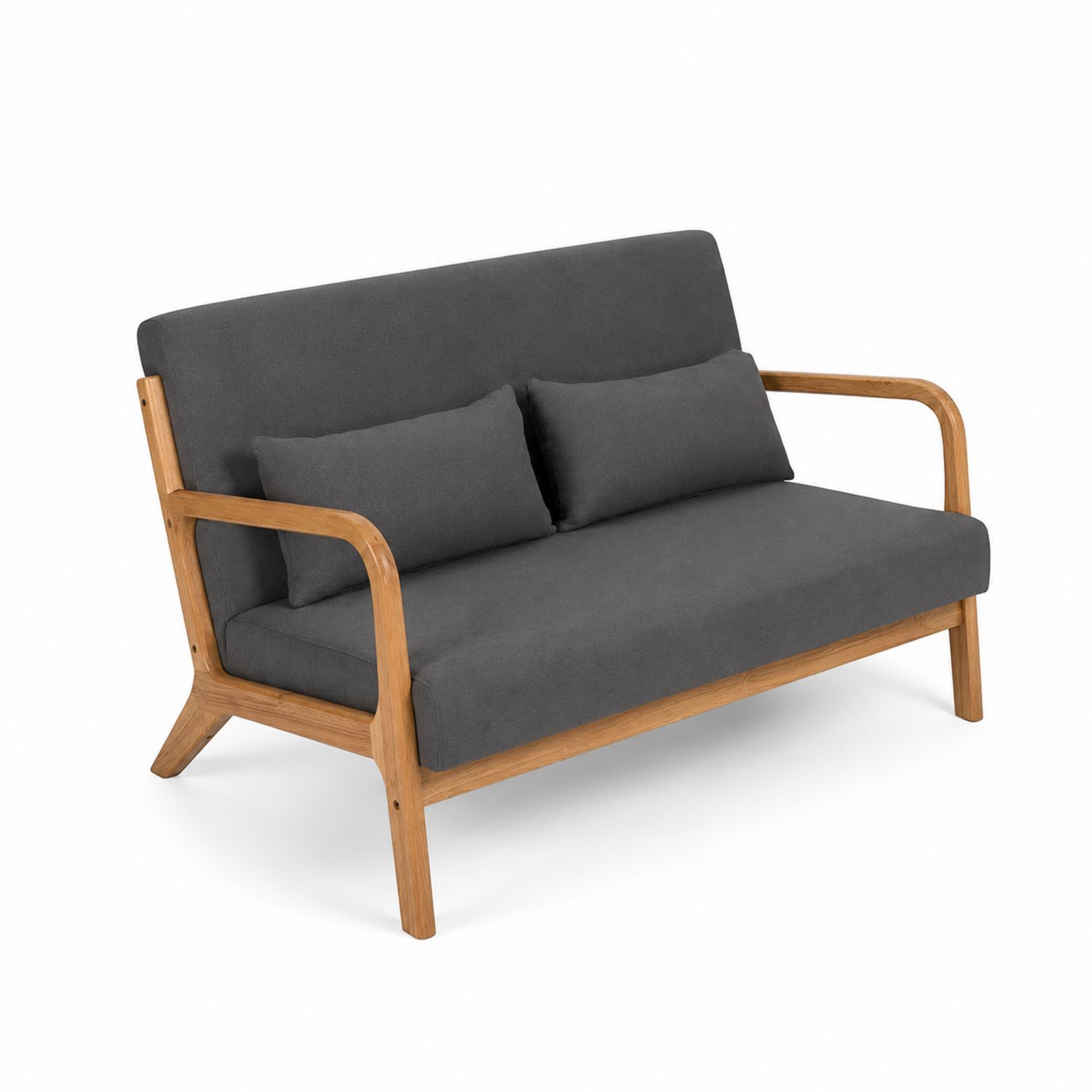 Sofa dwuosobowa z drewnianą ramą i szarą tkaniną