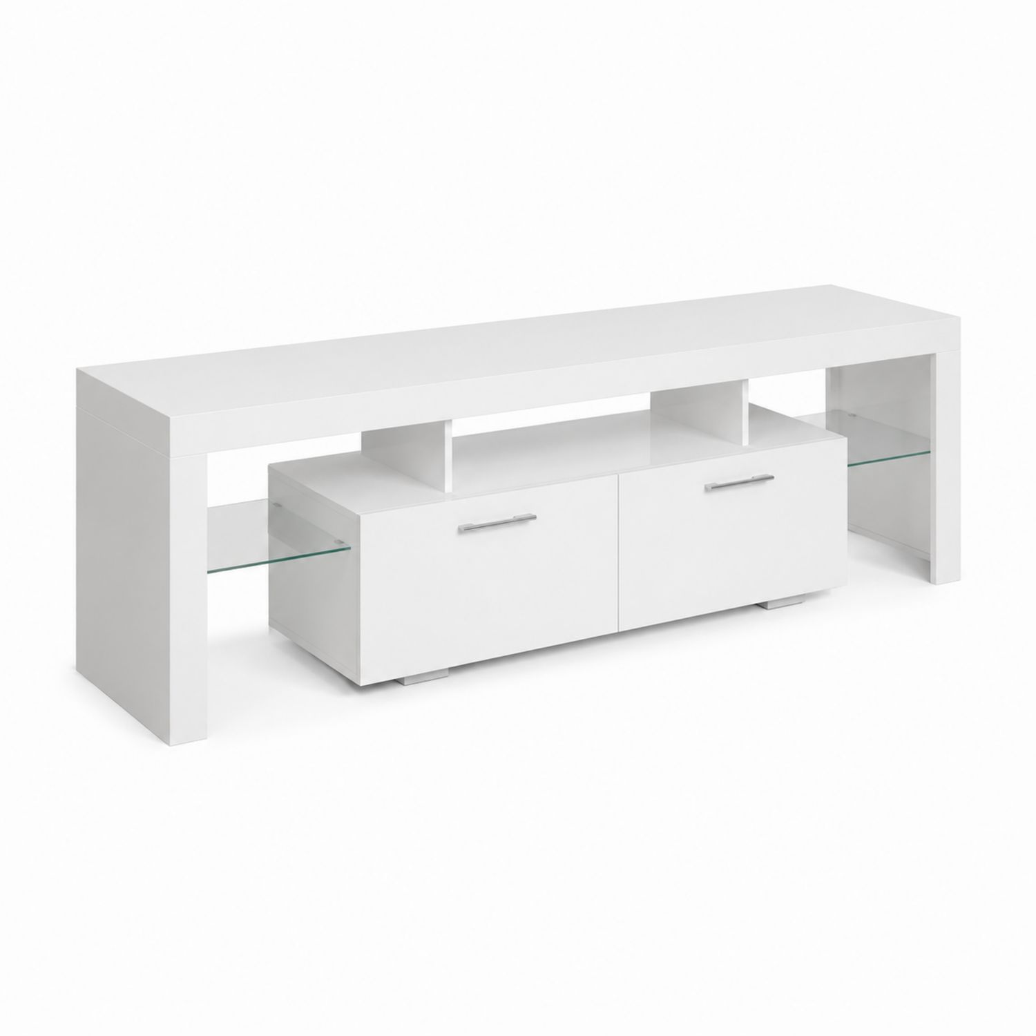 Stolik RTV biały z półkami szklanymi i szafkami MDF 180x40x45 cm
