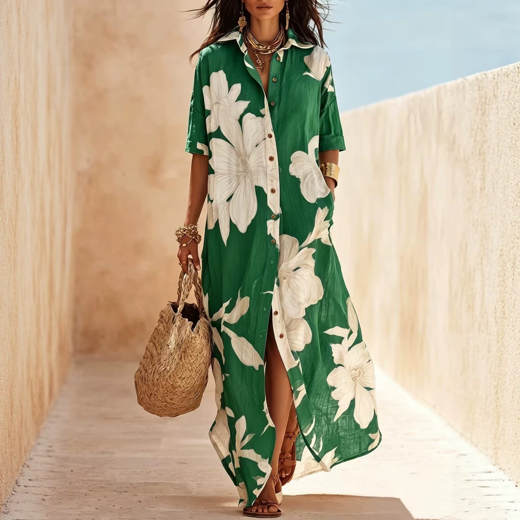 Brown White Floral Print Vacation Maxi Shirt Dress
