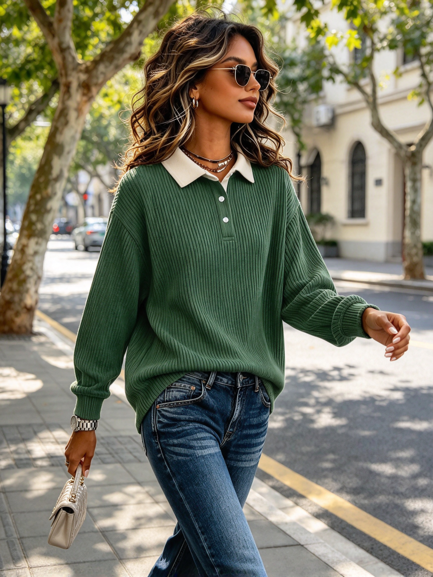 Women's Corduroy Texture Patchwork Polo Sweatshirt - Casual Contrast Collar Long Sleeve Pullover Tops