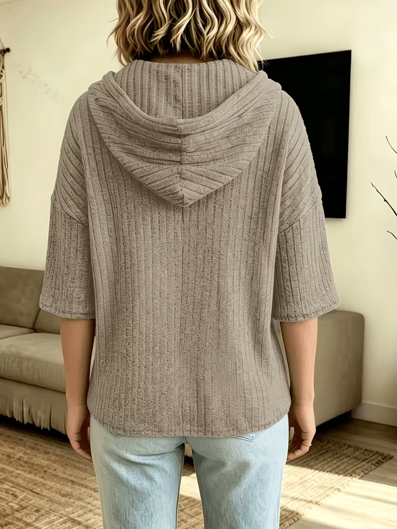 Cozy Ribbed Knit Drop Shoulder Hoodie Solid Color Casual Pullover Sweatshirt