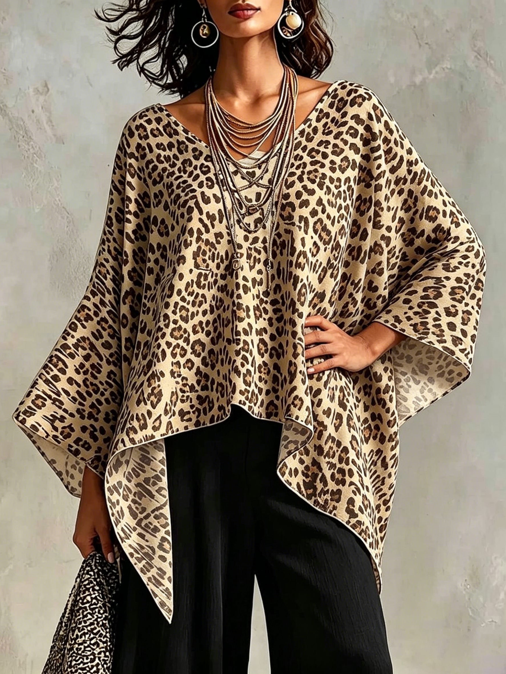 Leopard Print Asymmetric Blouse Elegant Loose Batwing Sleeve Poncho Top