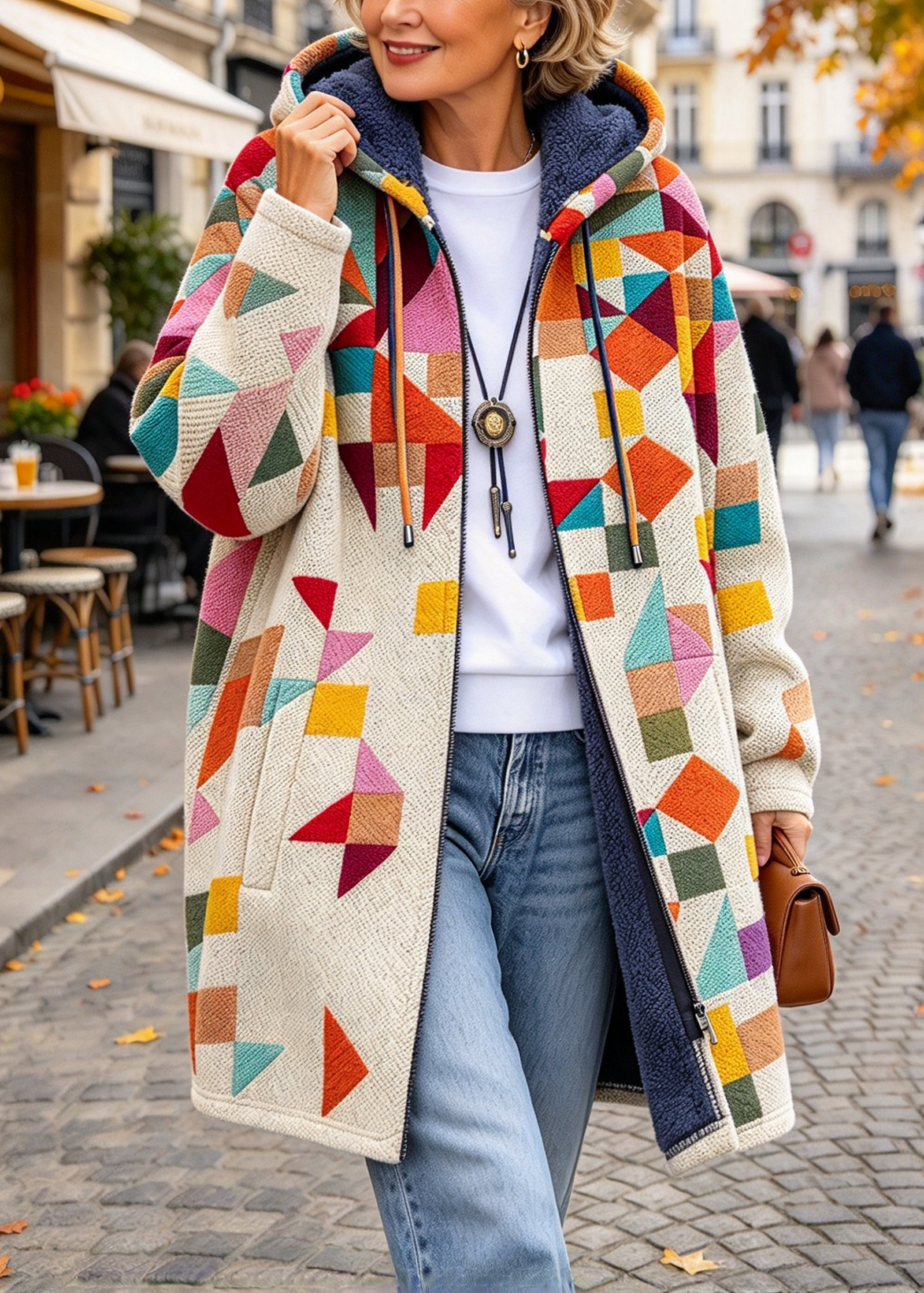 Geometric Plush Lined Hooded Jacket