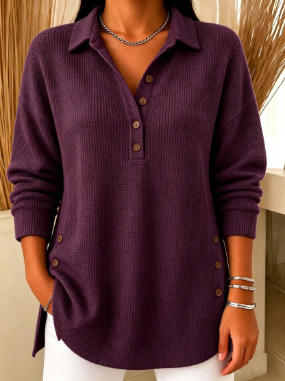 Chic Long Sleeve Waffle Knit Polo Sweater Casual Loose Henley Shirt