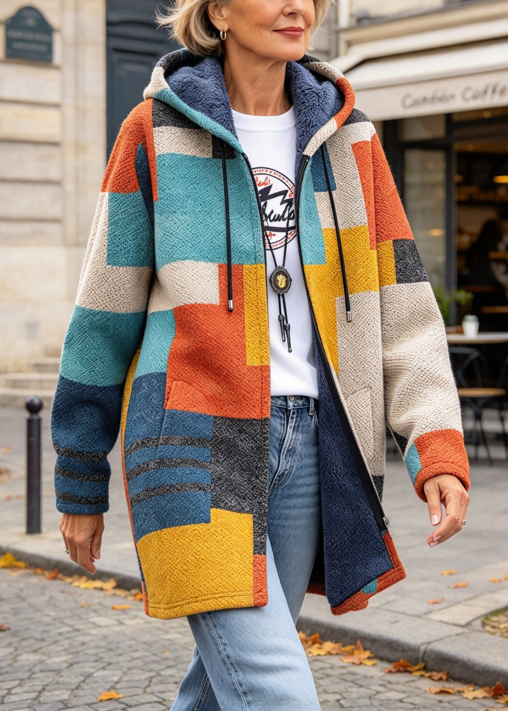 Geometric Plush Lined Hooded Jacket