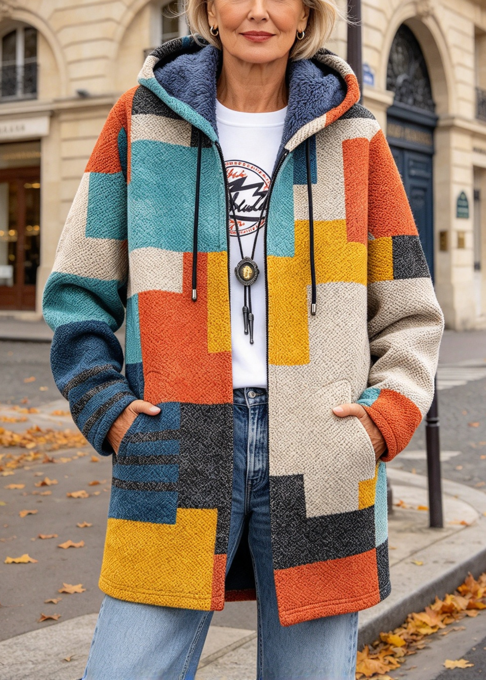 Geometric Plush Lined Hooded Jacket
