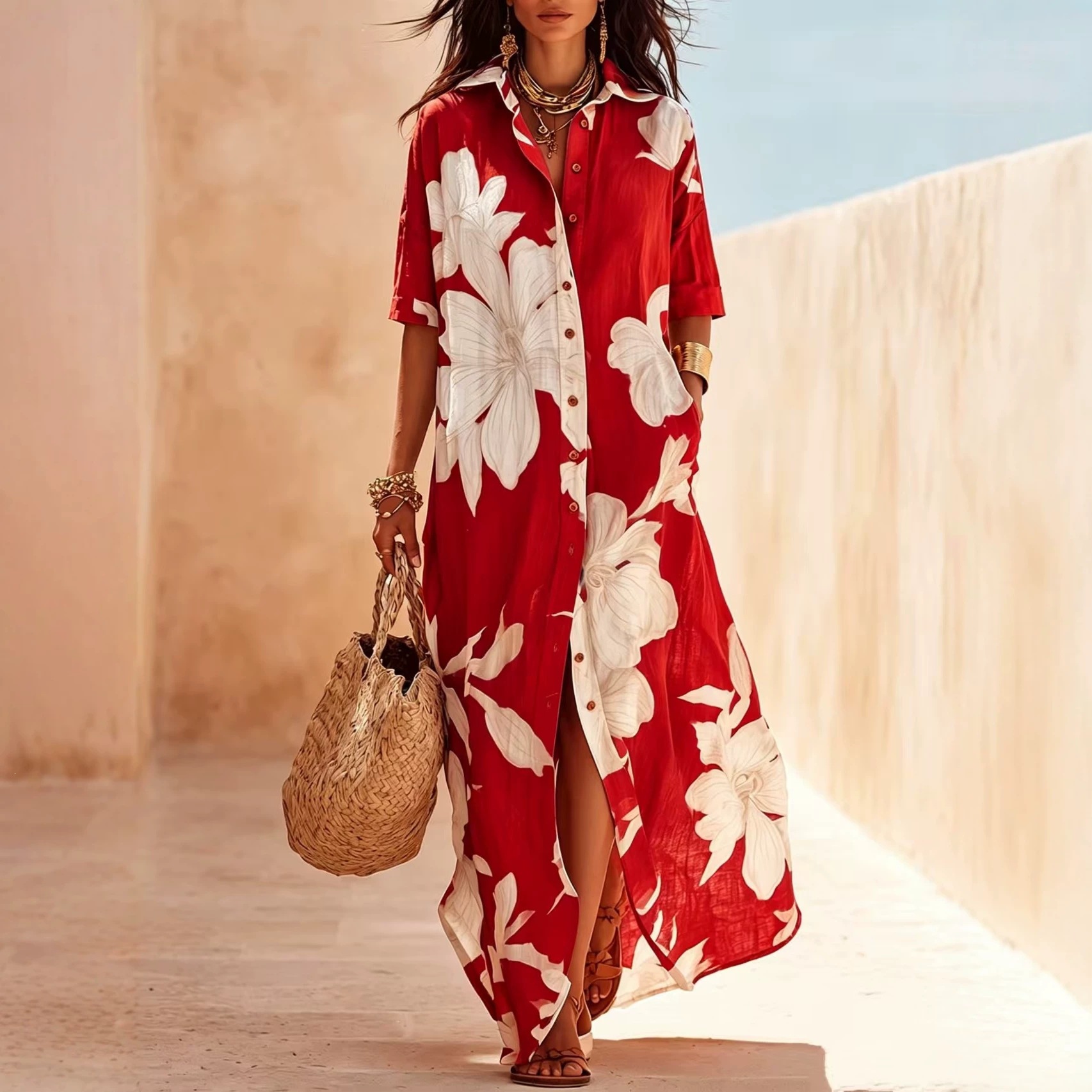 Brown White Floral Print Vacation Maxi Shirt Dress