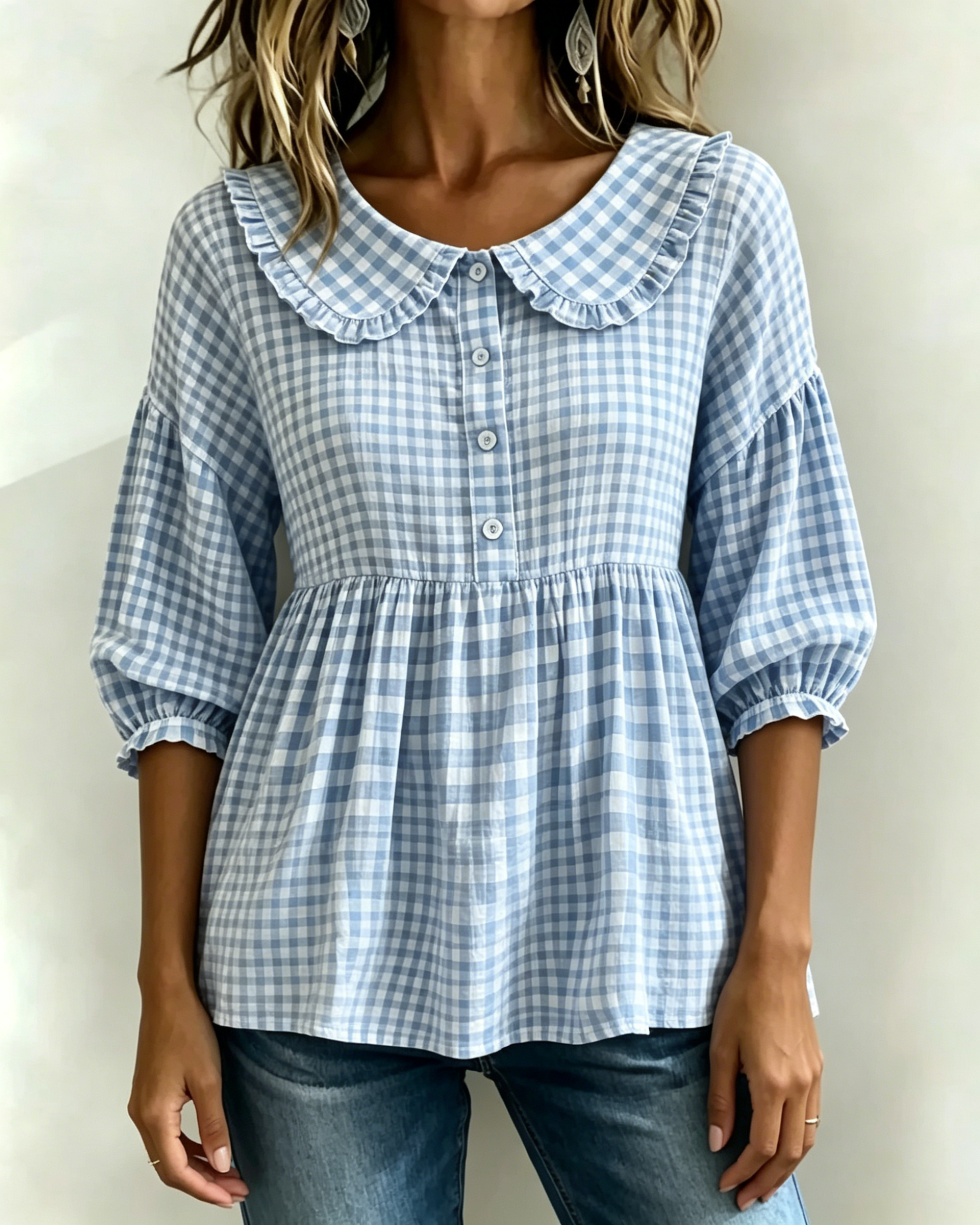 New Arrivals🔥Women's Gingham Puff Sleeve Peplum Blouse