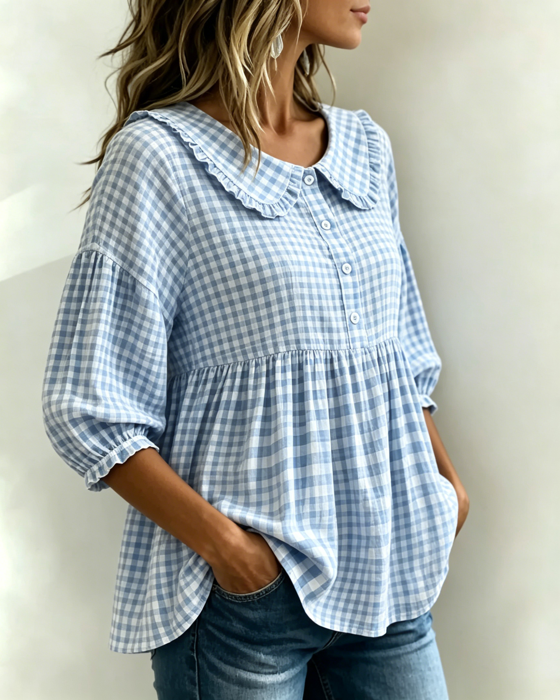 New Arrivals🔥Women's Gingham Puff Sleeve Peplum Blouse