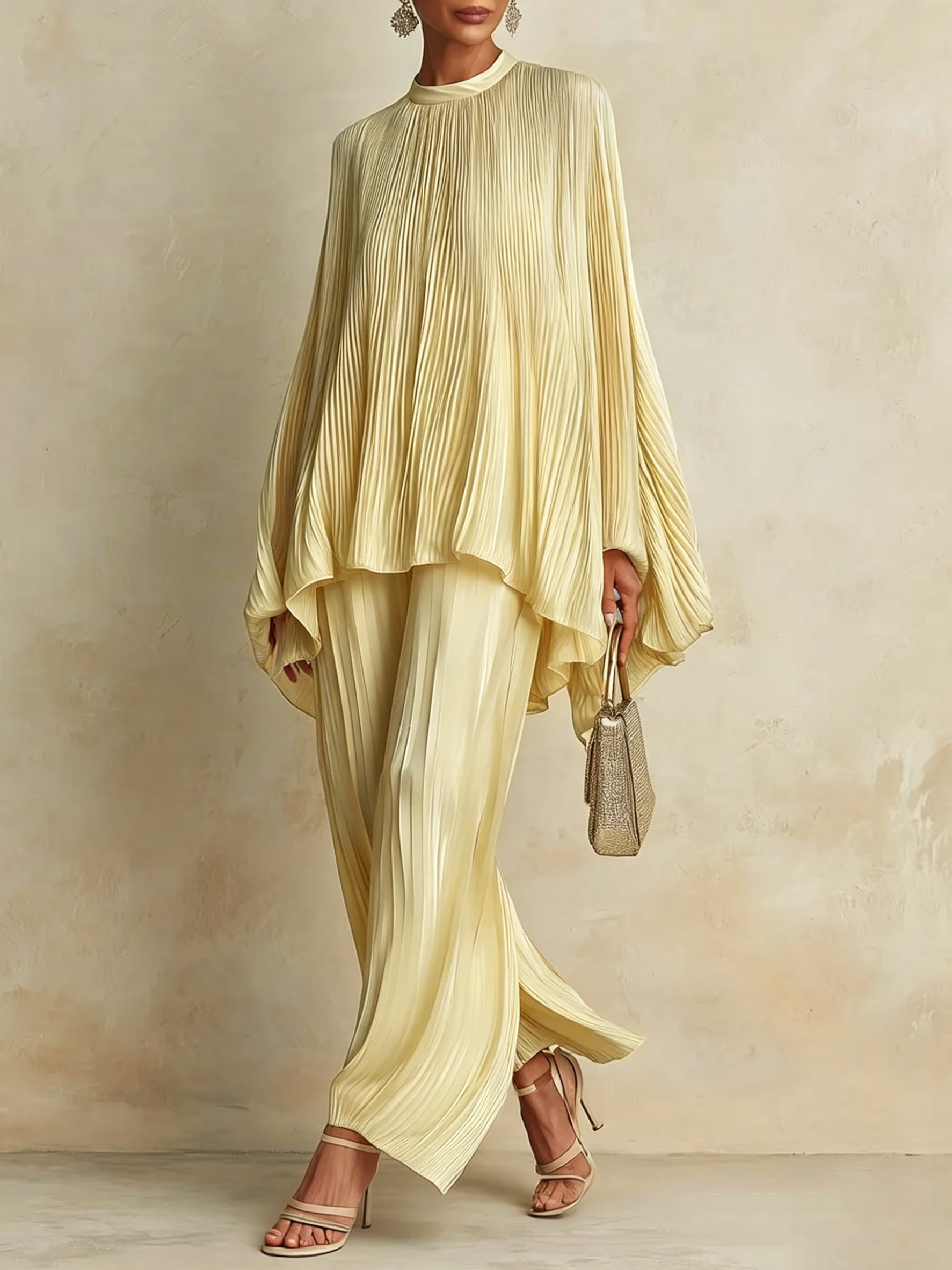 Classic Pleated Batwing-Sleeve Blouse & Wide-Leg Pants Set