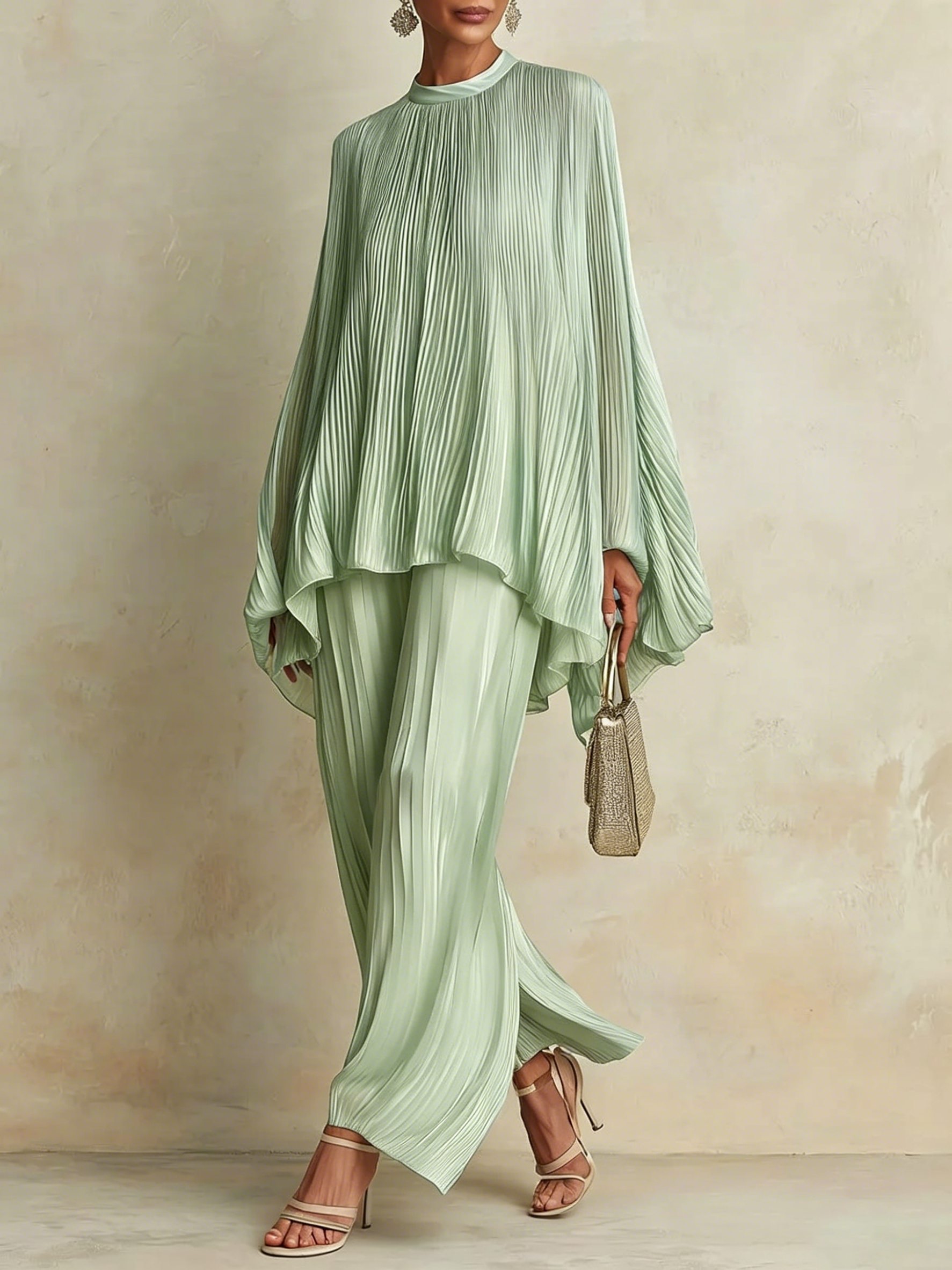 Classic Pleated Batwing-Sleeve Blouse & Wide-Leg Pants Set