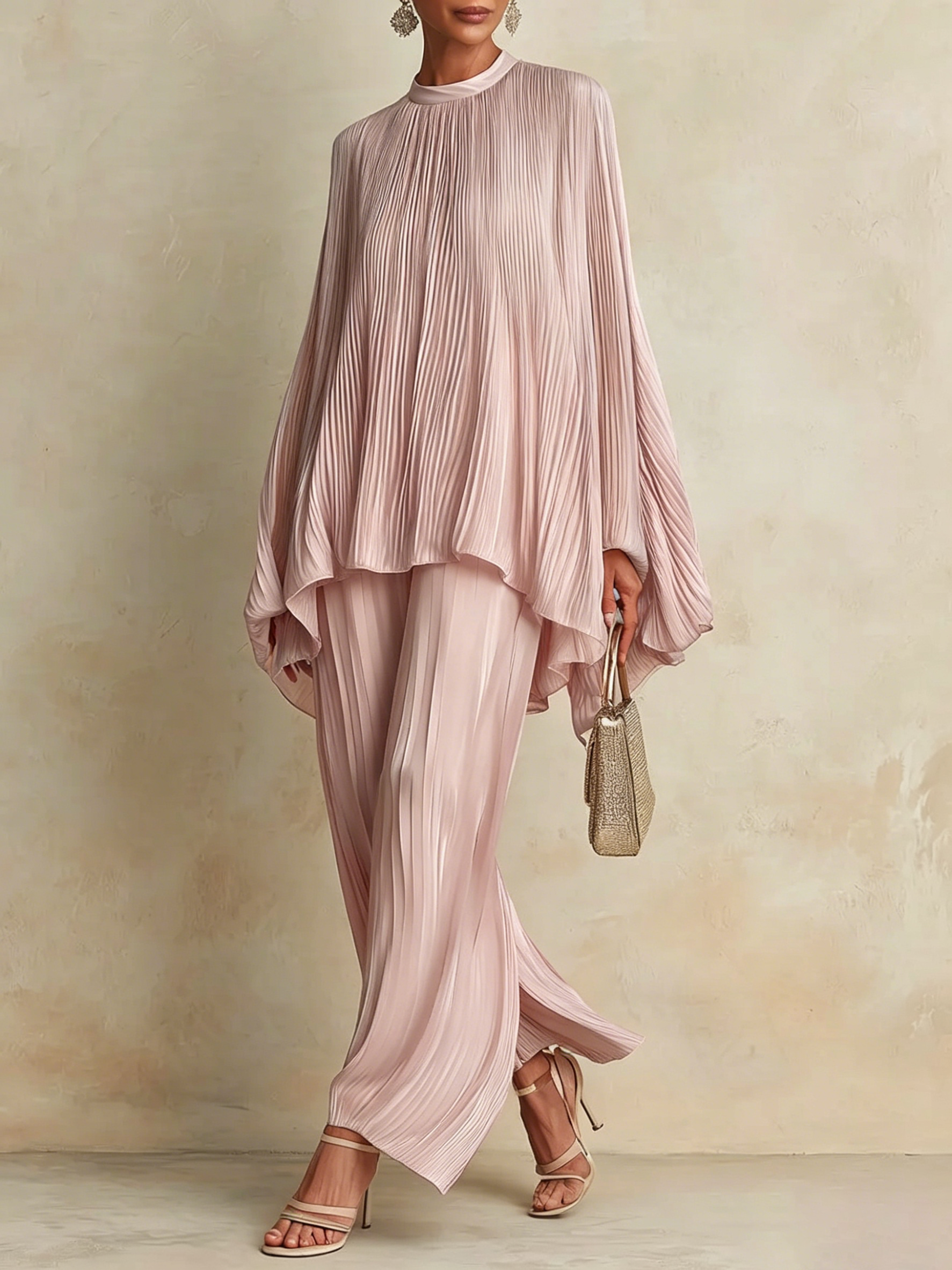Classic Pleated Batwing-Sleeve Blouse & Wide-Leg Pants Set