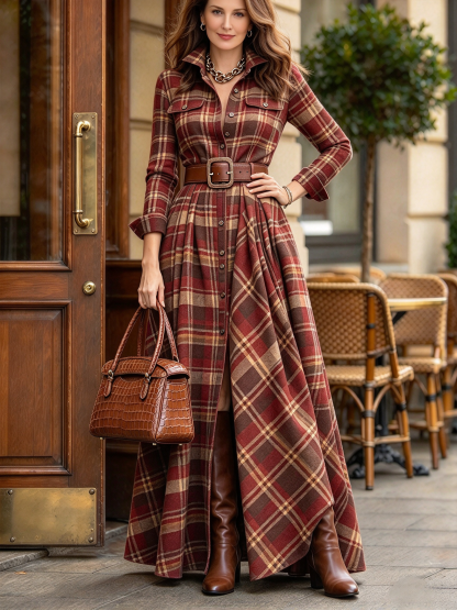 Vintage-style Plaid Cotton Long Shirt Dress