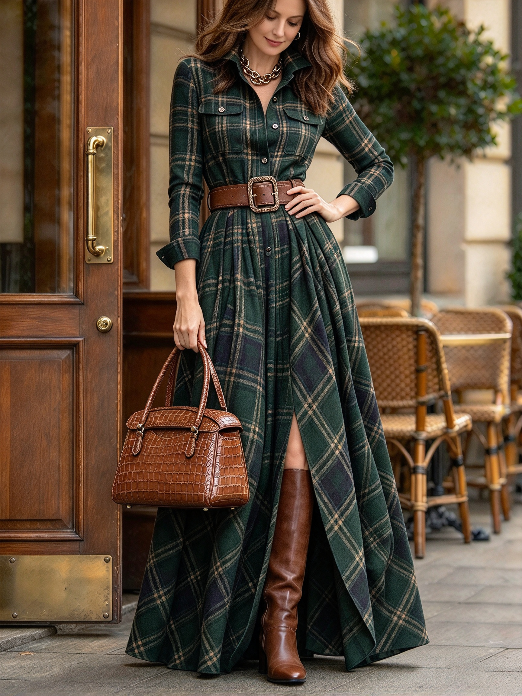 Vintage-style Plaid Cotton Long Shirt Dress