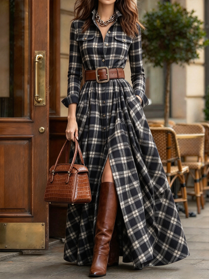 Vintage-style Plaid Cotton Long Shirt Dress