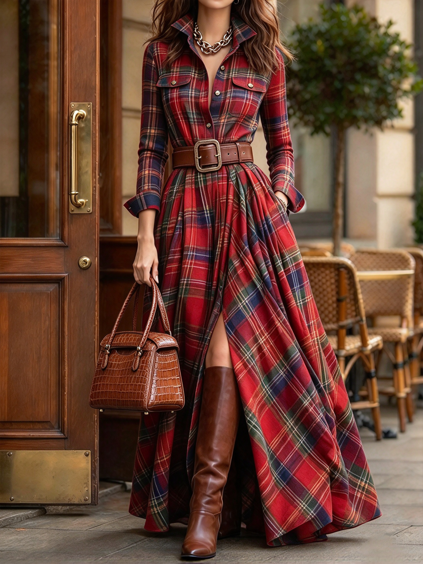 Vintage-style Plaid Cotton Long Shirt Dress