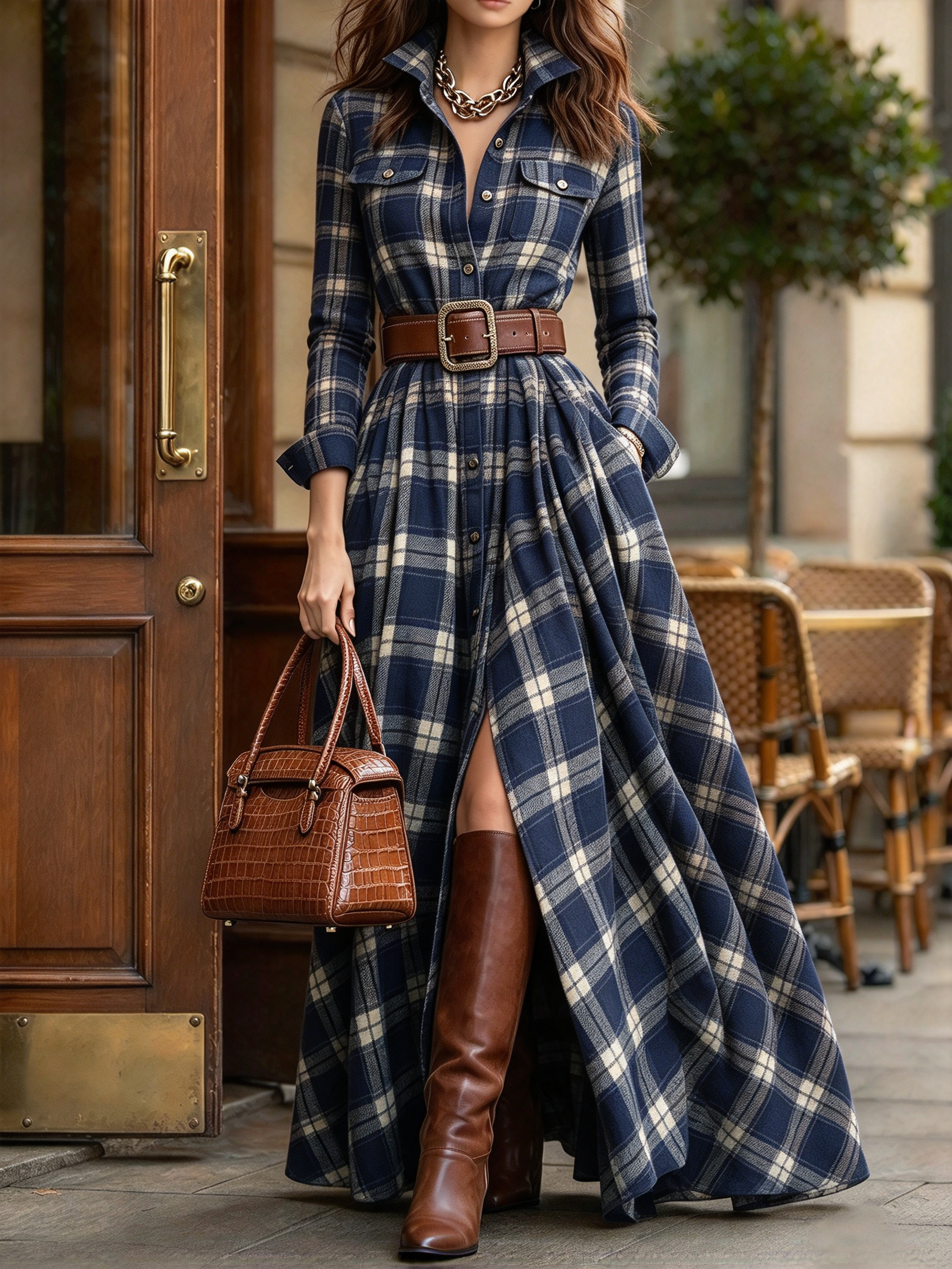 Vintage-style Plaid Cotton Long Shirt Dress