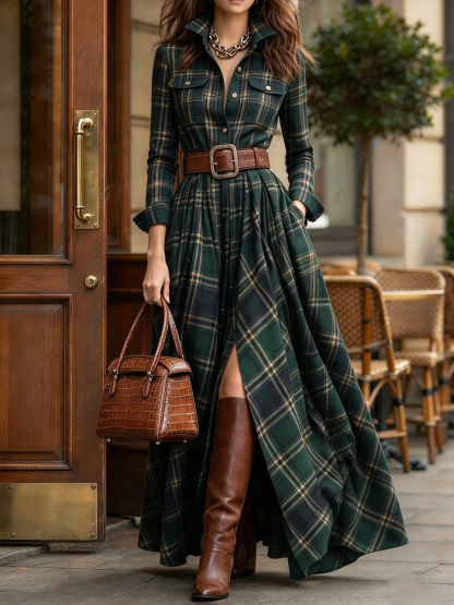 Vintage-style Plaid Cotton Long Shirt Dress