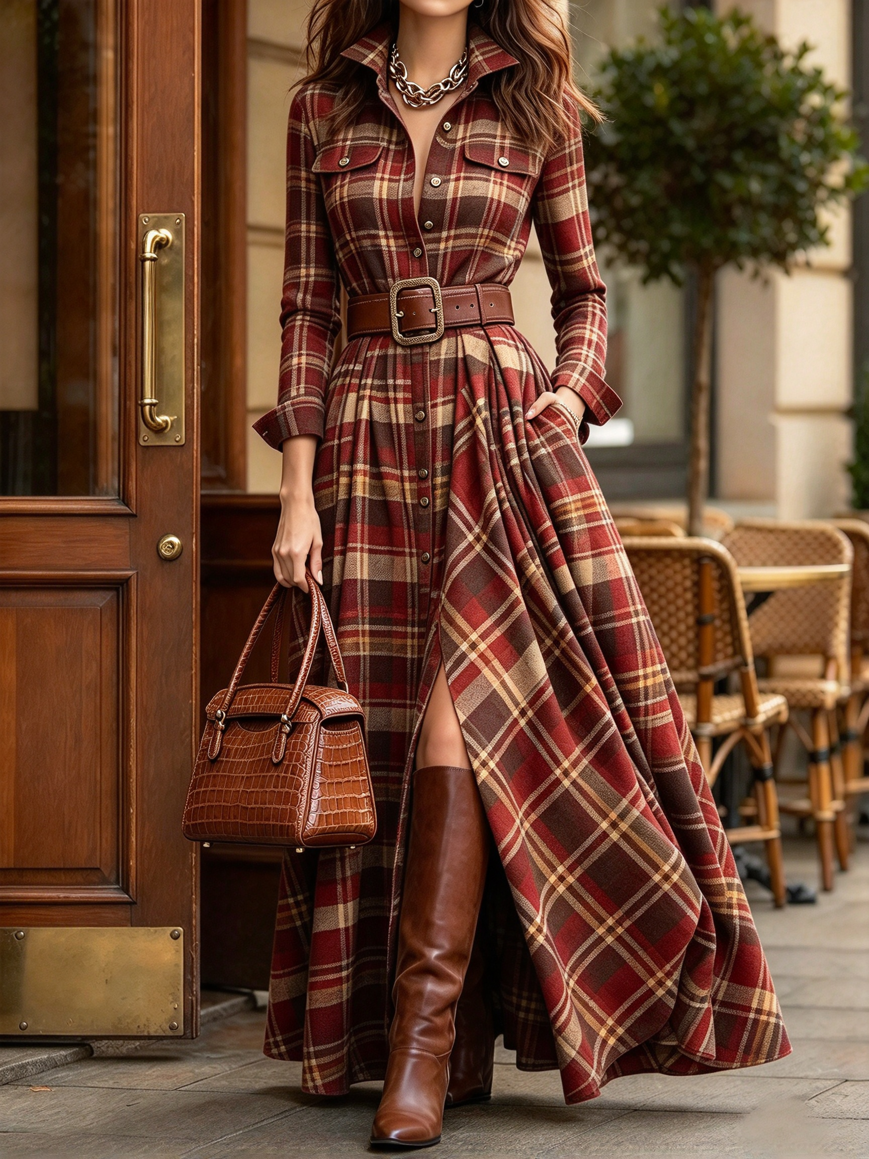 Vintage-style Plaid Cotton Long Shirt Dress