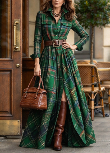 Vintage-style Plaid Cotton Long Shirt Dress