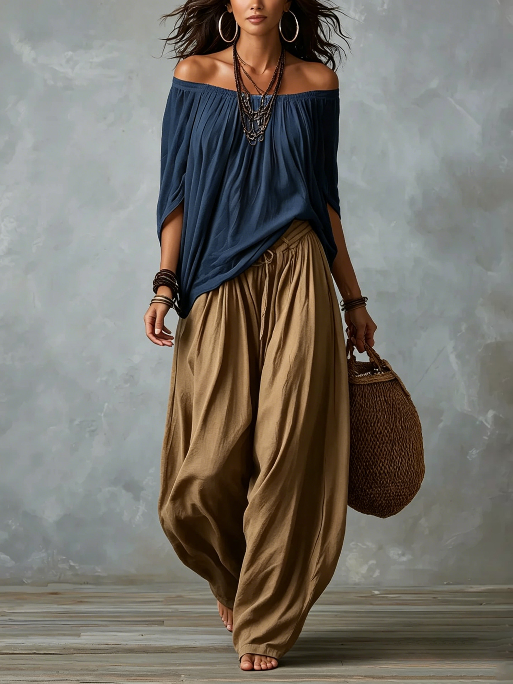 White Off-the-shoulder Top And Loose-fitting Lantern Pants Set