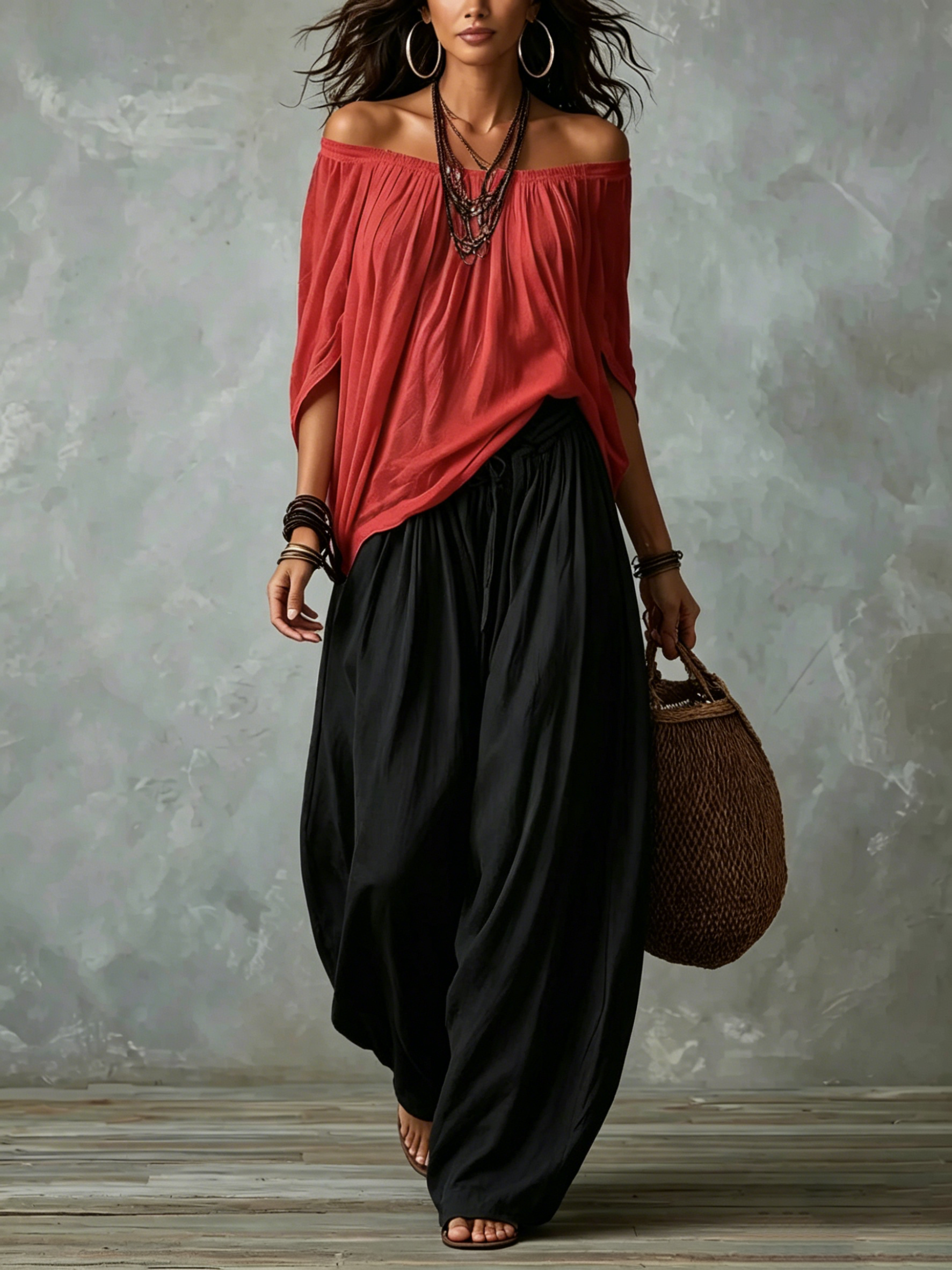 White Off-the-shoulder Top And Loose-fitting Lantern Pants Set