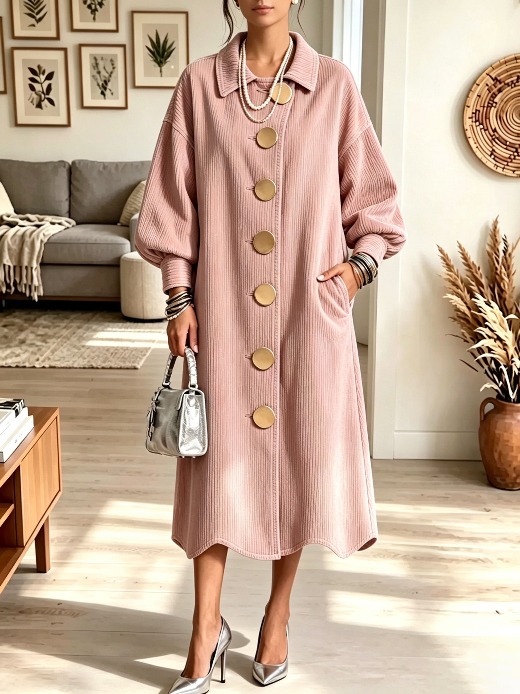 Women's Oversized Gold Button Long Coat Dress