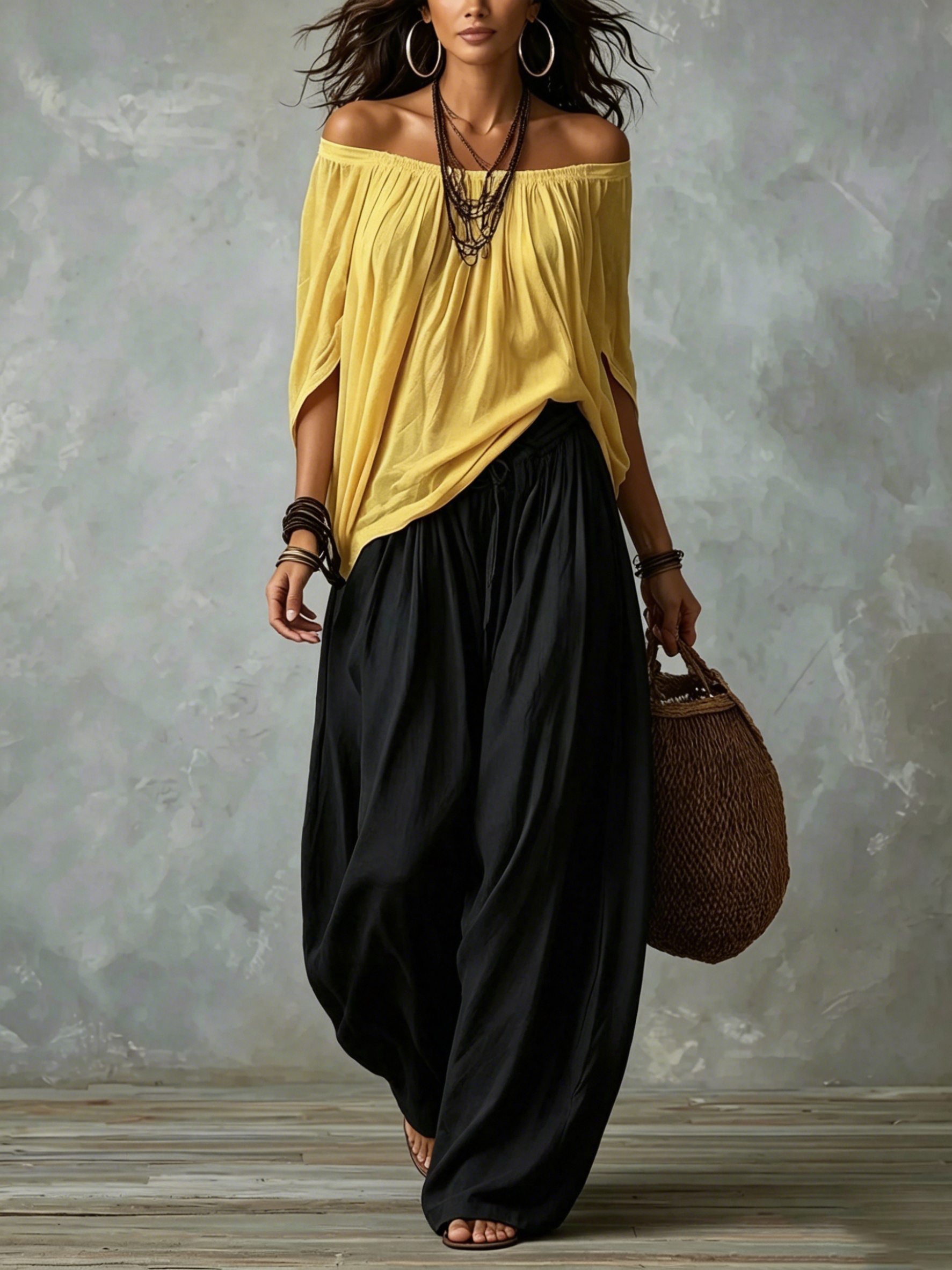 White Off-the-shoulder Top And Loose-fitting Lantern Pants Set
