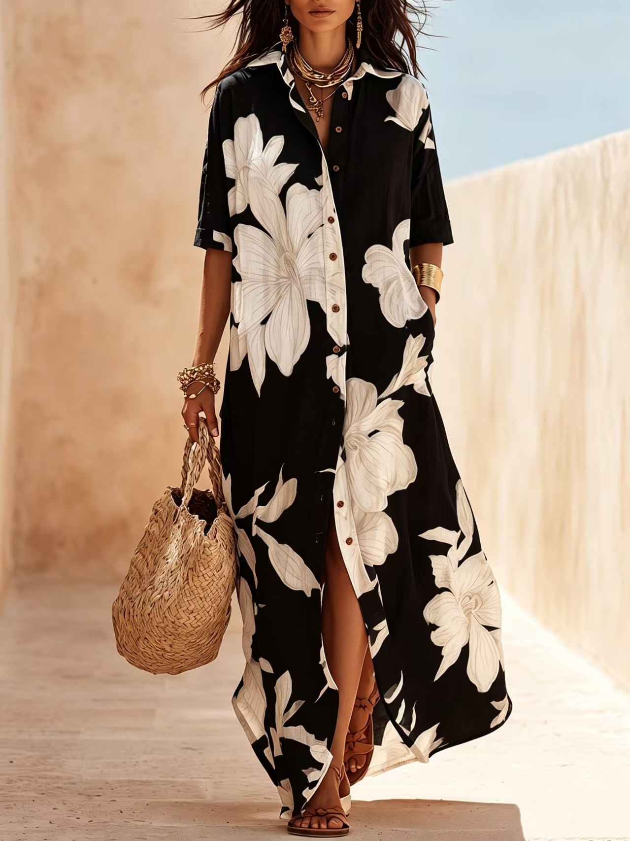 Brown White Floral Print Vacation Maxi Shirt Dress
