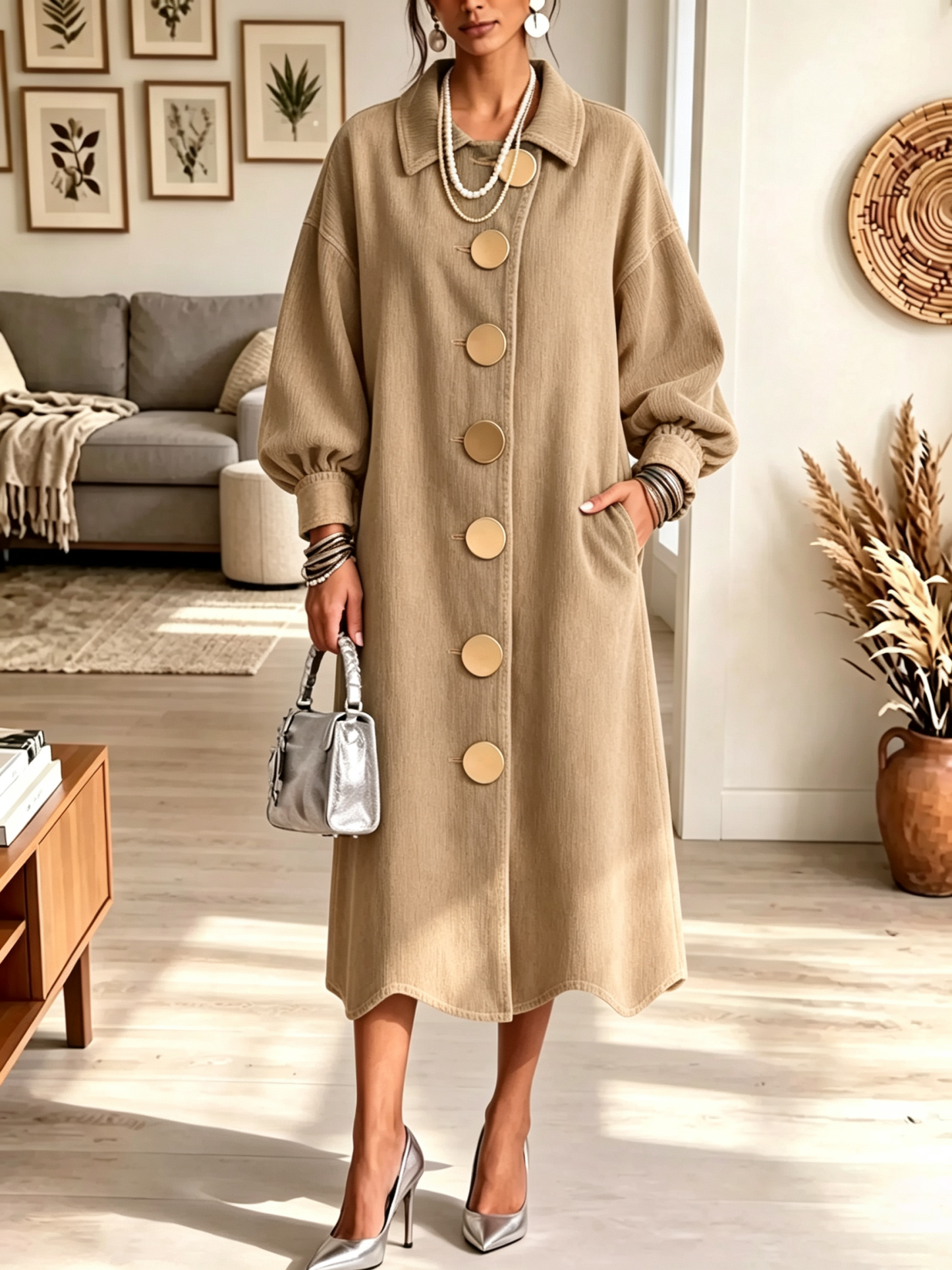 Women's Oversized Gold Button Long Coat Dress
