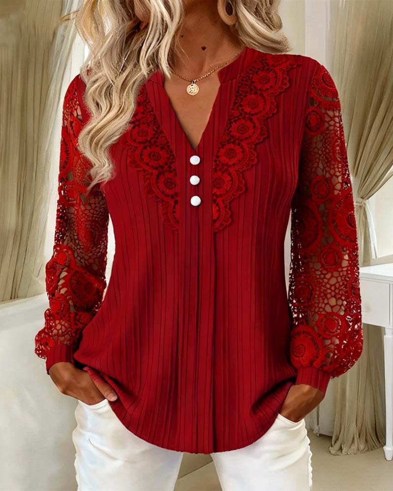 Women's Lace Patchwork V-Neck Long Sleeve Top