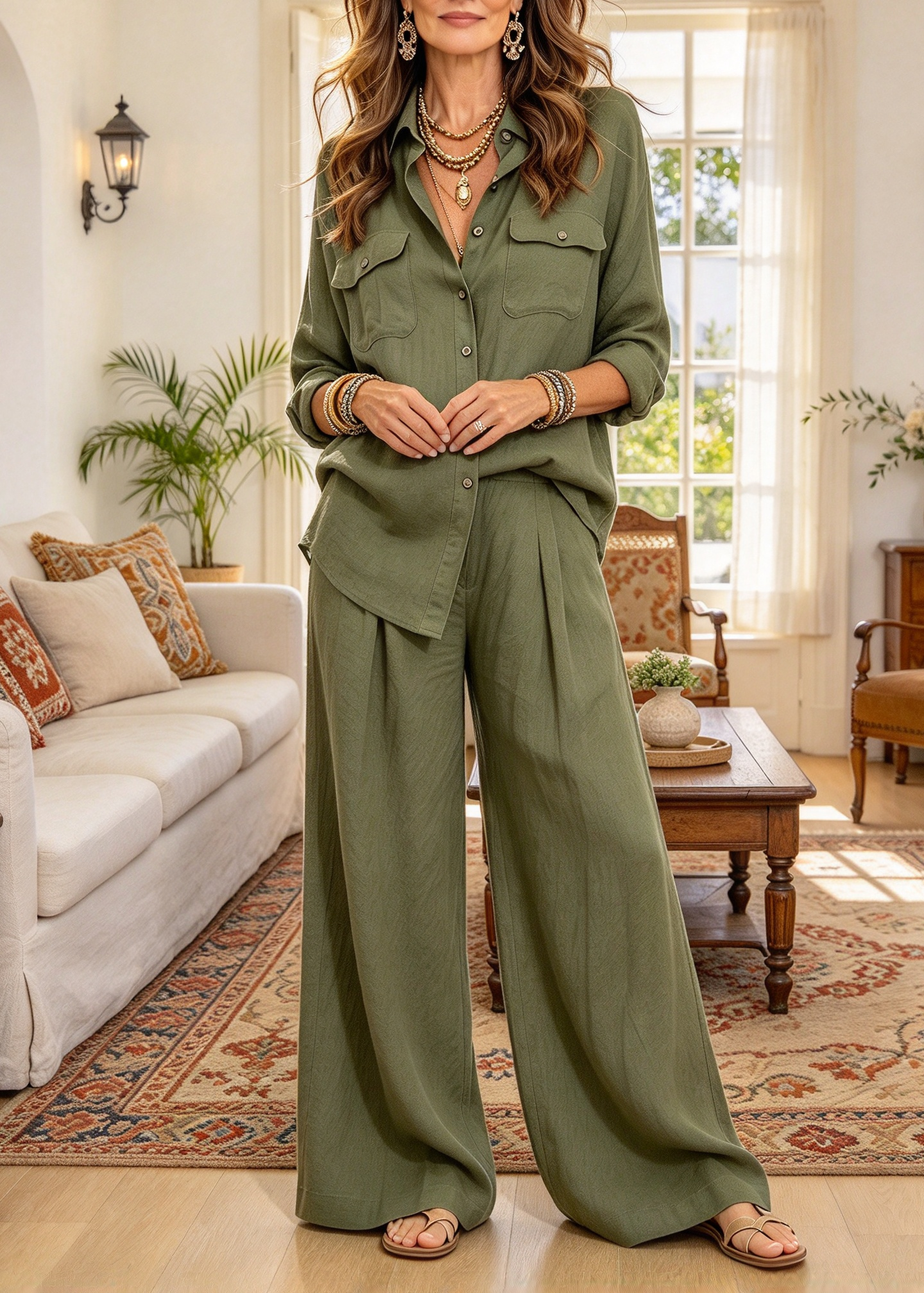 Effortless Linen Blend Resort Set - Casual Button-Up Shirt & Flowy Wide-Leg Pants 2-Piece Co-Ord