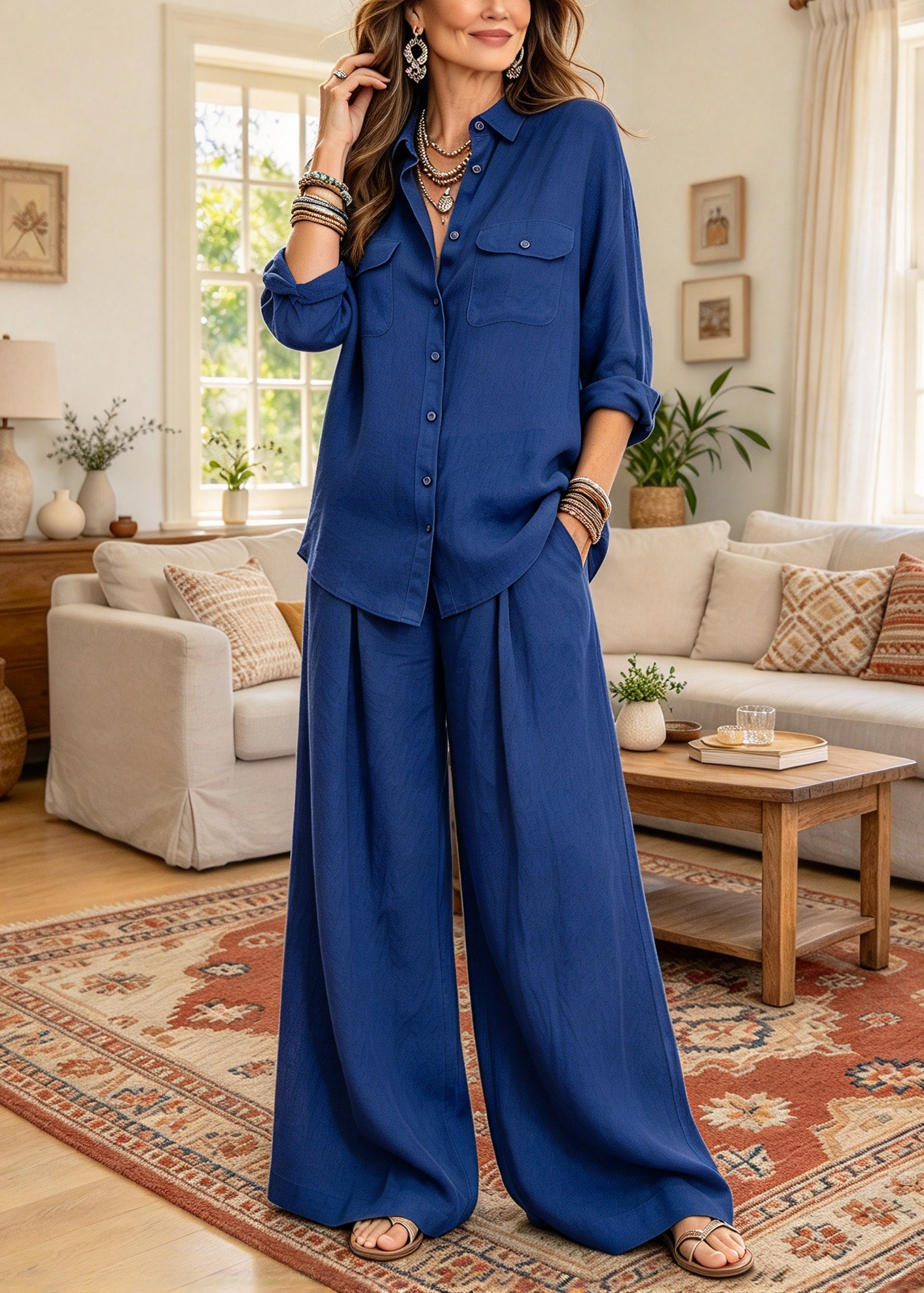 Effortless Linen Blend Resort Set - Casual Button-Up Shirt & Flowy Wide-Leg Pants 2-Piece Co-Ord