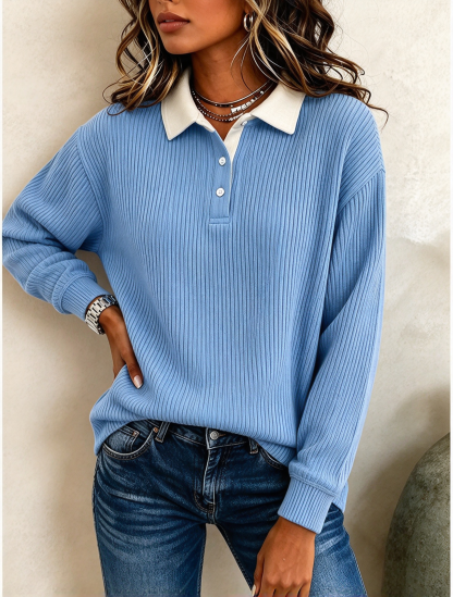 Women's Corduroy Texture Patchwork Polo Sweatshirt - Casual Contrast Collar Long Sleeve Pullover Tops