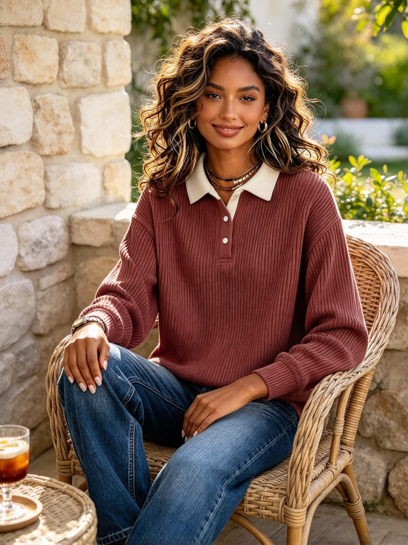 Women's Corduroy Texture Patchwork Polo Sweatshirt - Casual Contrast Collar Long Sleeve Pullover Tops