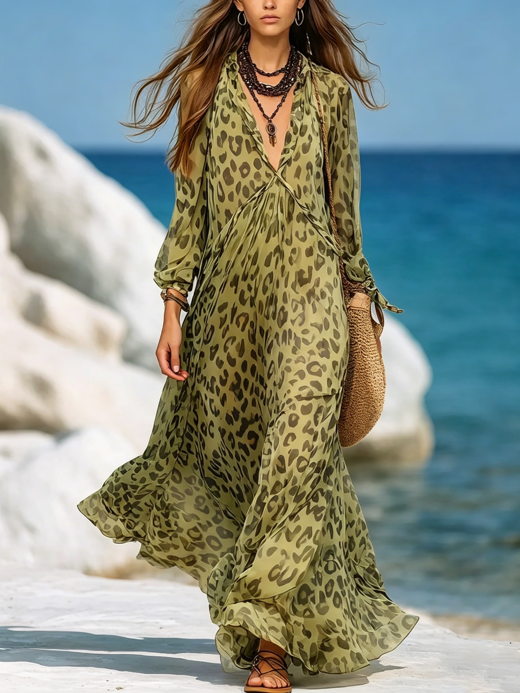 Women's Retro Leopard Pattern Art Print Casual Stylish Maxi Dress