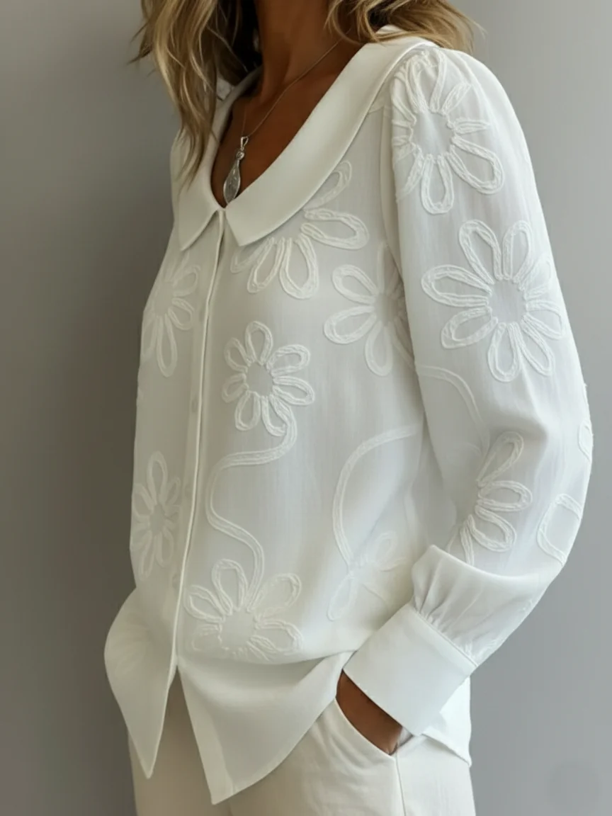 Vintage Peter Pan Collar Embroidered Floral Shirt