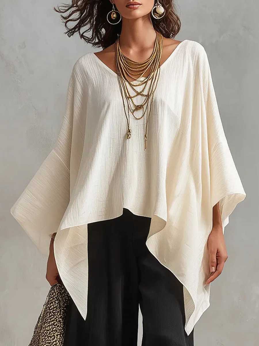 Leopard Print Asymmetric Blouse Elegant Loose Batwing Sleeve Poncho Top