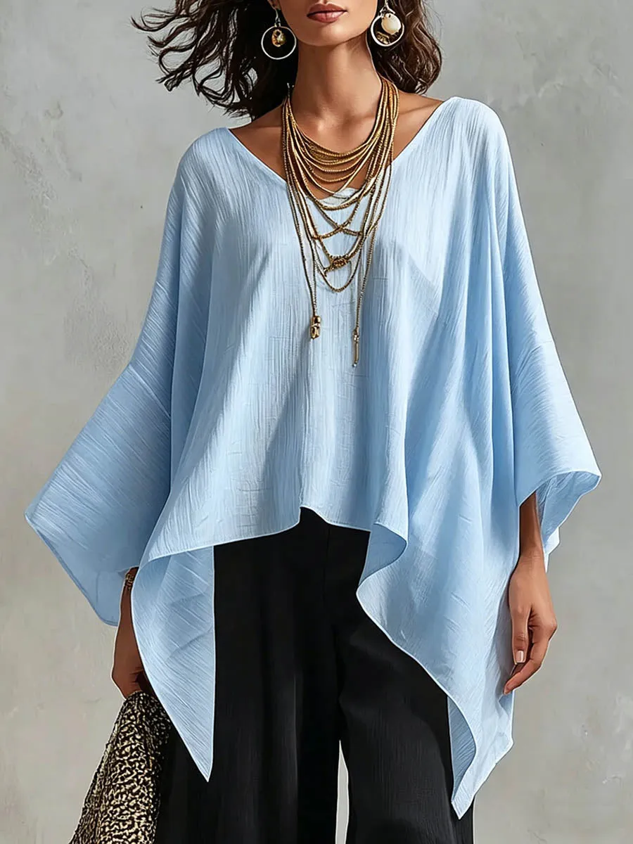 Leopard Print Asymmetric Blouse Elegant Loose Batwing Sleeve Poncho Top