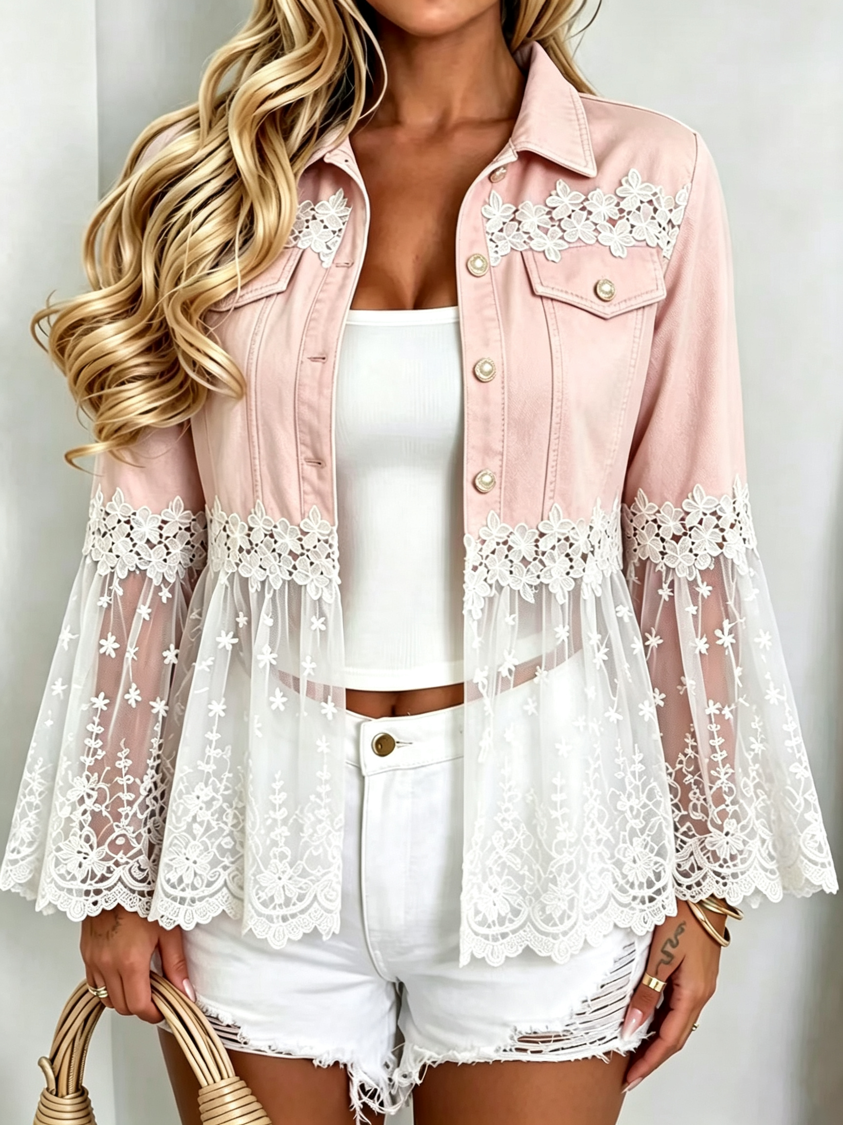 Retro Floral Lace Patchwork Casual Stylish Denim Lapel Coat