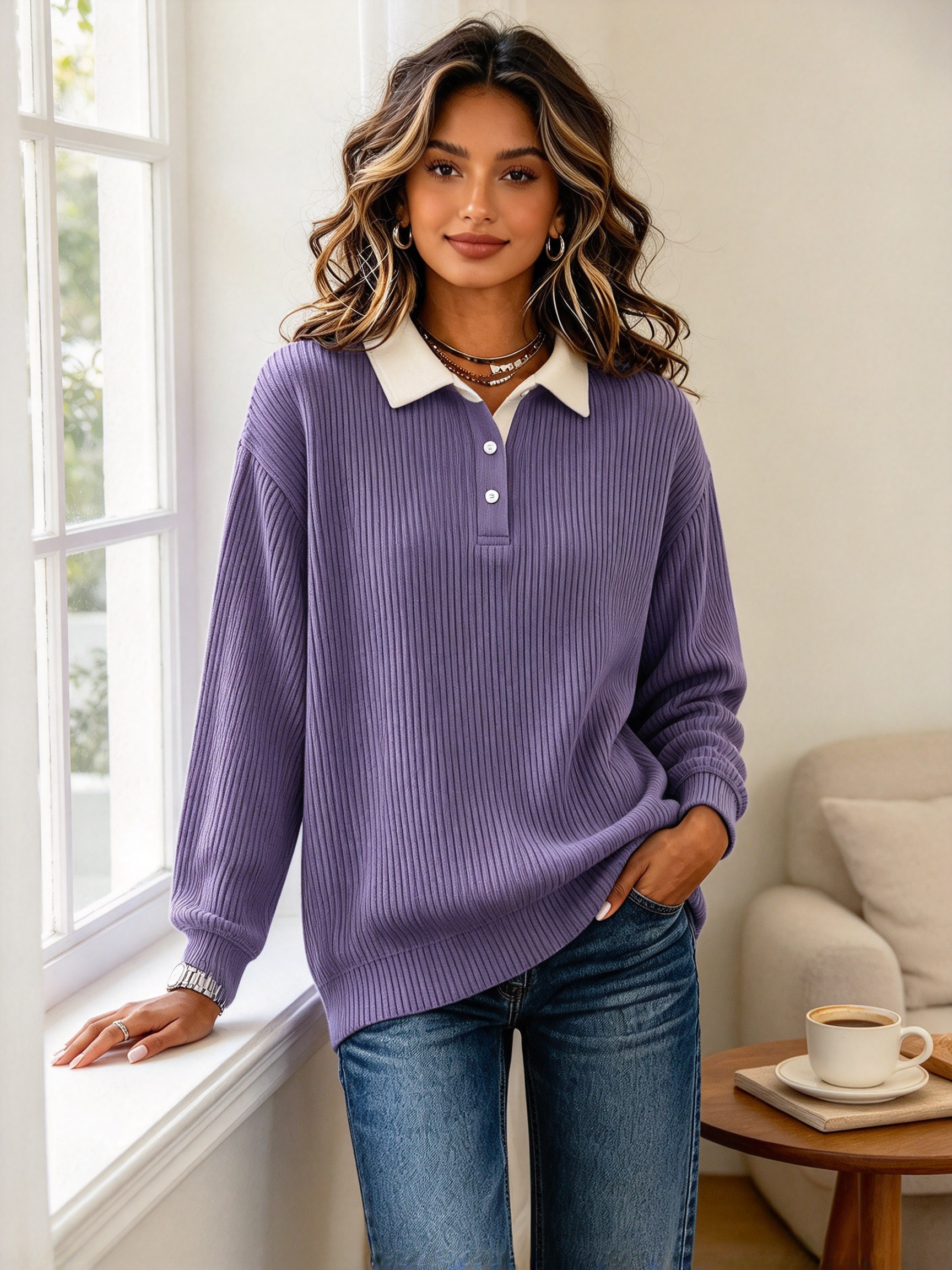 Women's Corduroy Texture Patchwork Polo Sweatshirt - Casual Contrast Collar Long Sleeve Pullover Tops