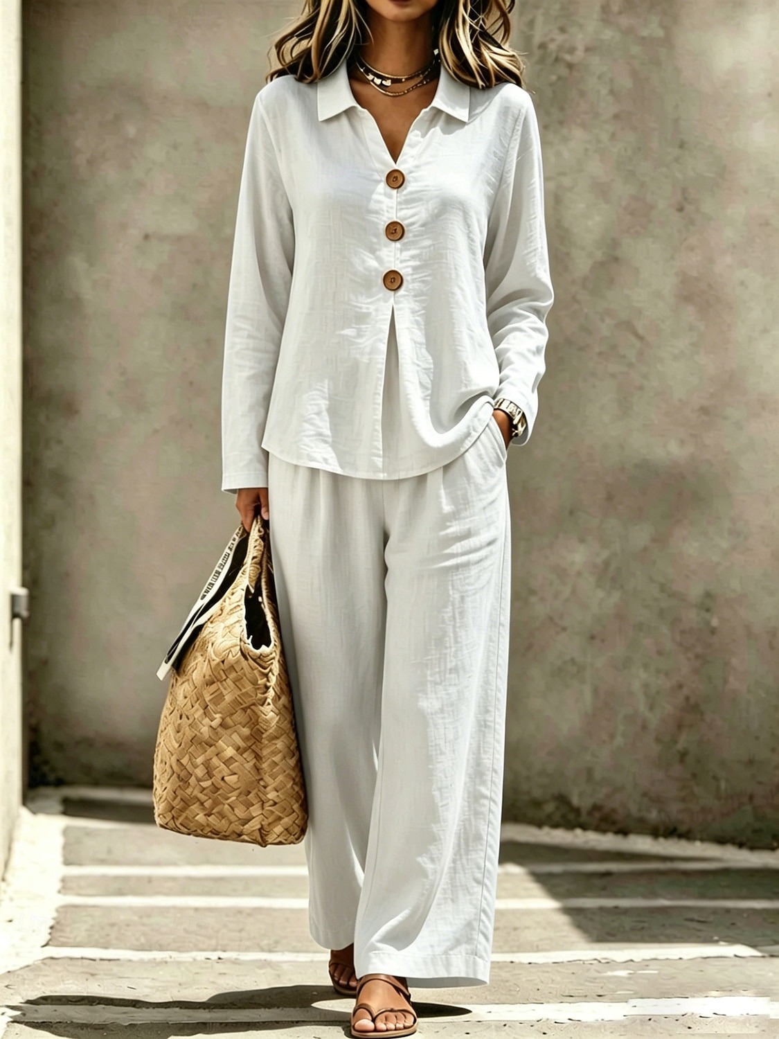 Casual Loose Fit Collared Long Sleeve Blouse Trouser Set 2PCS