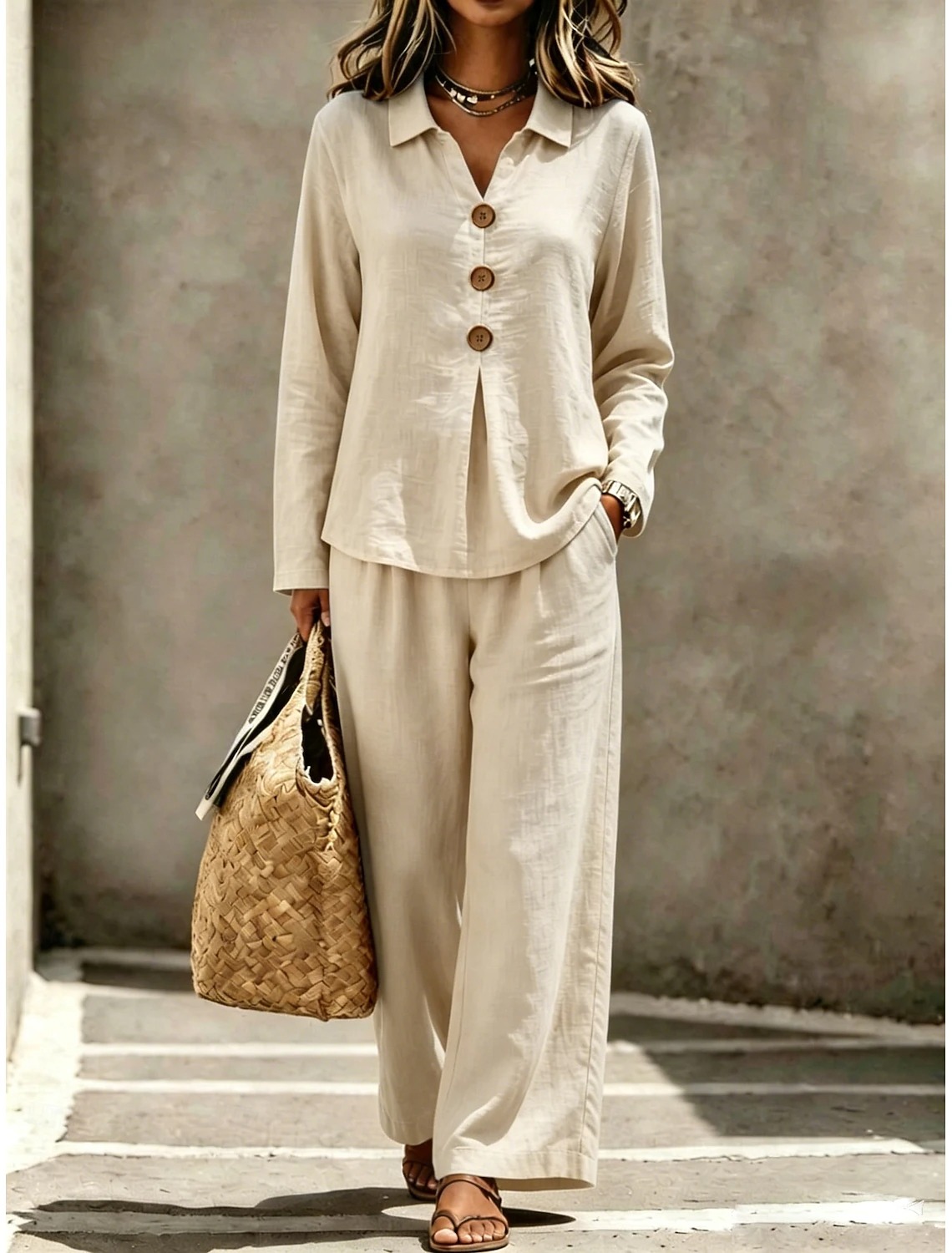 Casual Loose Fit Collared Long Sleeve Blouse Trouser Set 2PCS
