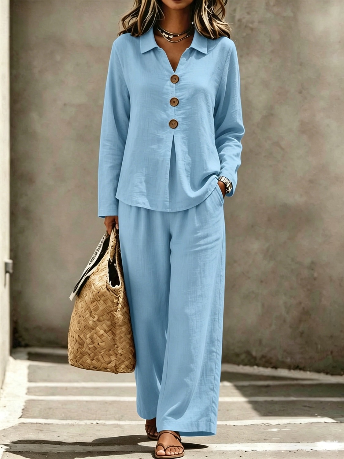 Casual Loose Fit Collared Long Sleeve Blouse Trouser Set 2PCS